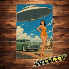 Listing image for Retro UFO Alien Pinup Lady Metal Sign Vintage Sci-Fi Tin Wall Decor
