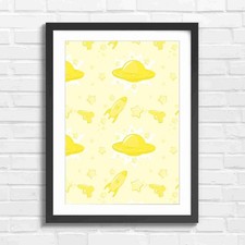 Listing image for Pastel Ufo And Rocket Ship Pattern Yellow Framed Wall Art Print Large Picture