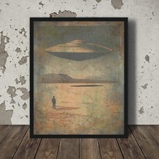 Listing image for Vintage UFO HATMAN Wall Art, UAP Alien Desert Decor, Retro Sci-fi Poster Print