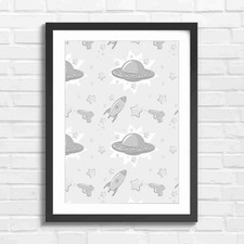 Listing image for Pastel Ufo And Rocket Ship Pattern Black & White Framed Wall Art Print Large