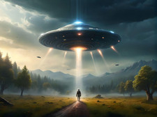 Listing image for UFO UAP Aliens Alien Abduction Person Lonely Road Trees Dark Clouds Poster Print