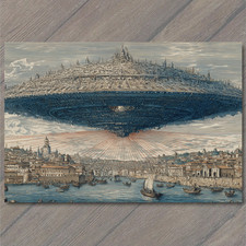 Listing image for Art Print UFO Over Ancient Port City Red Energy Lines Bizarre Flying Saucer Map