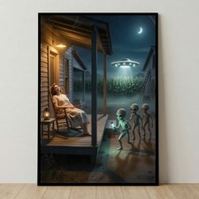 Listing image for UFO Abduction Poster Farm Night, Alien Encounter Wall Art Print