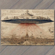 Listing image for Art Print Giant UFO Hovering Over Vintage City Red Beam Attack Map Style Weird