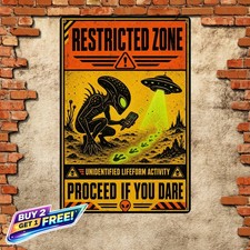 Listing image for Alien Sighted Warning Sign Retro UFO Theme Metal Tin Wall Art Plaque 8x12