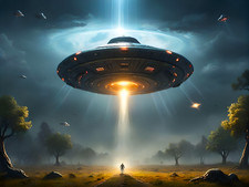 Listing image for UFO UAP Aliens Alien Abduction Attack Lonely Road Trees Dark Clouds Poster Print
